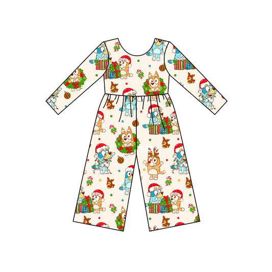 (Custom Design MOQ 5) Cartoon Dog Holly Stars Print Girls Christmas Jumpsuits