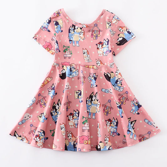 (Custom Design Preorder MOQ 5) Cartoon Dog Print Girls Knee Length Dress