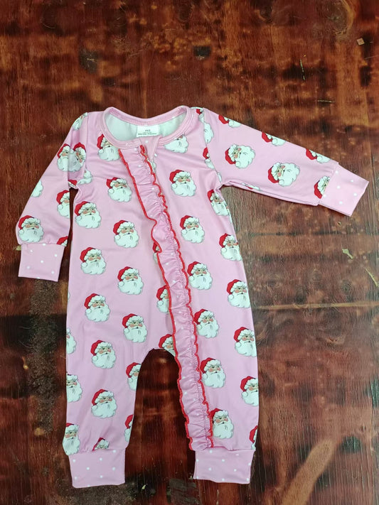 (Custom Design Preorder MOQ 5) Santa Pink Print Baby Girls Christmas Bamboo Sleeper Zipper Romper