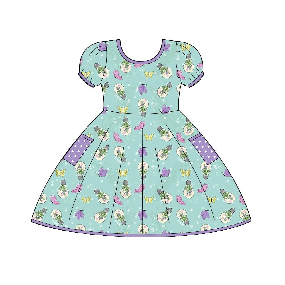 (Custom Design Preorder MOQ 5) Flowers Buttlerfly Print Pockets Girls Summer Knee Length Dress