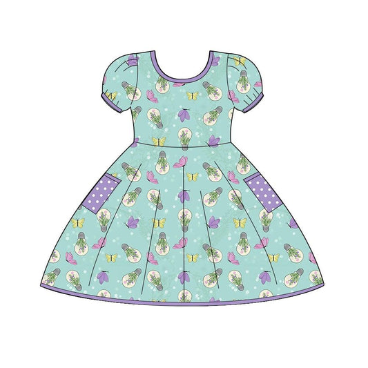 (Custom Design Preorder MOQ 5) Flowers Buttlerfly Print Pockets Girls Summer Knee Length Dress