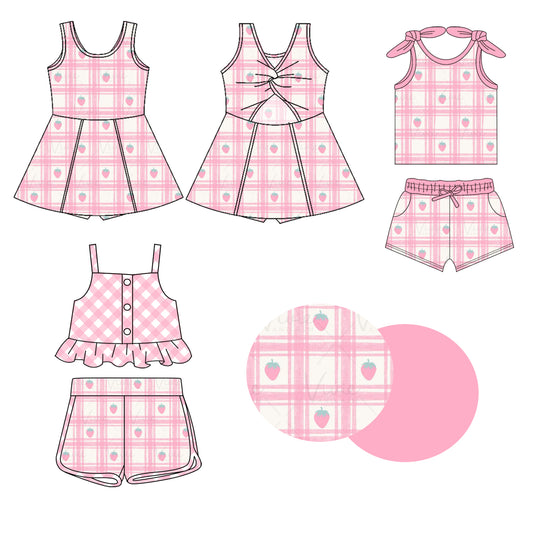 2.7(Custom Design Preorder MOQ 5 Each Design) Strawberry Pink Plaid Print Girls Summer Matching Clothes Sisters Wear