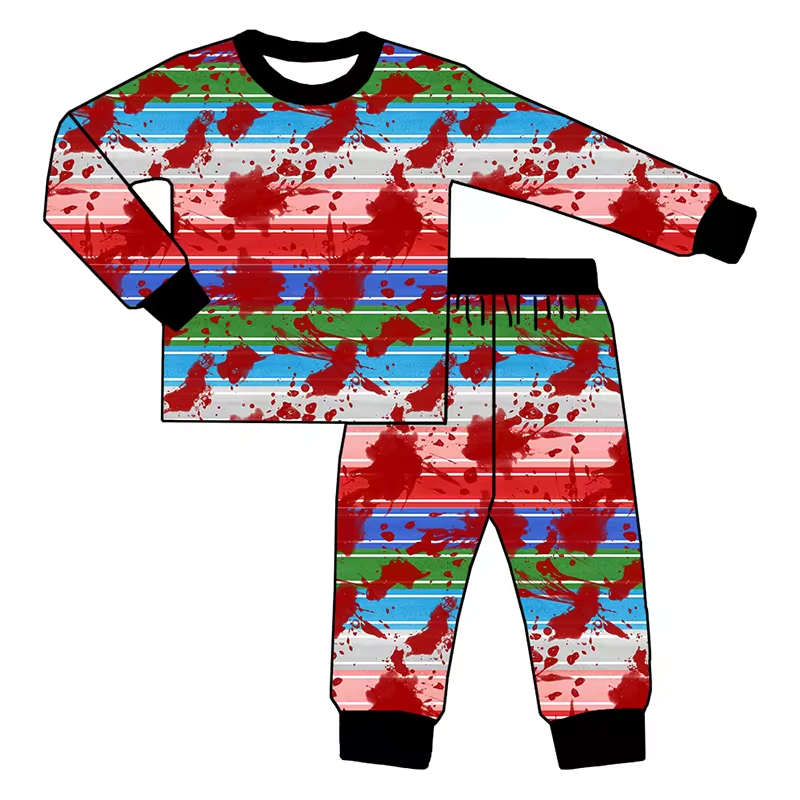 (Custom Design Preorder MOQ 5) Blood Stripes Print Kids Halloween Pajamas Clothes Set