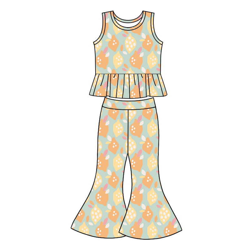 1.7(Custom Design Preorder MOQ 5) Lemon Print Bell Pants Girls Clothes Set