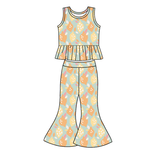 1.7(Custom Design Preorder MOQ 5) Lemon Print Bell Pants Girls Clothes Set