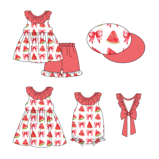 1.3(Custom Design Preorder MOQ 5 Each Design) Watermelon Bows Red Print Girls Summer Matching Clothes Sisters Wear