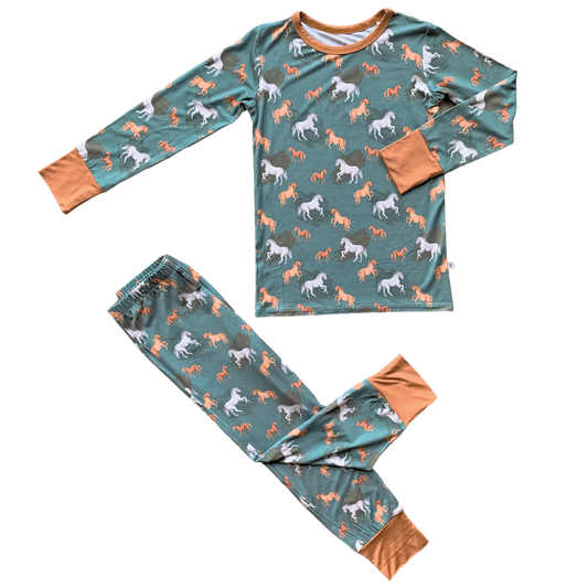 (Custom Design Preorder MOQ 5)  Horse Print Boys Bamboo Pajamas Clothes Set