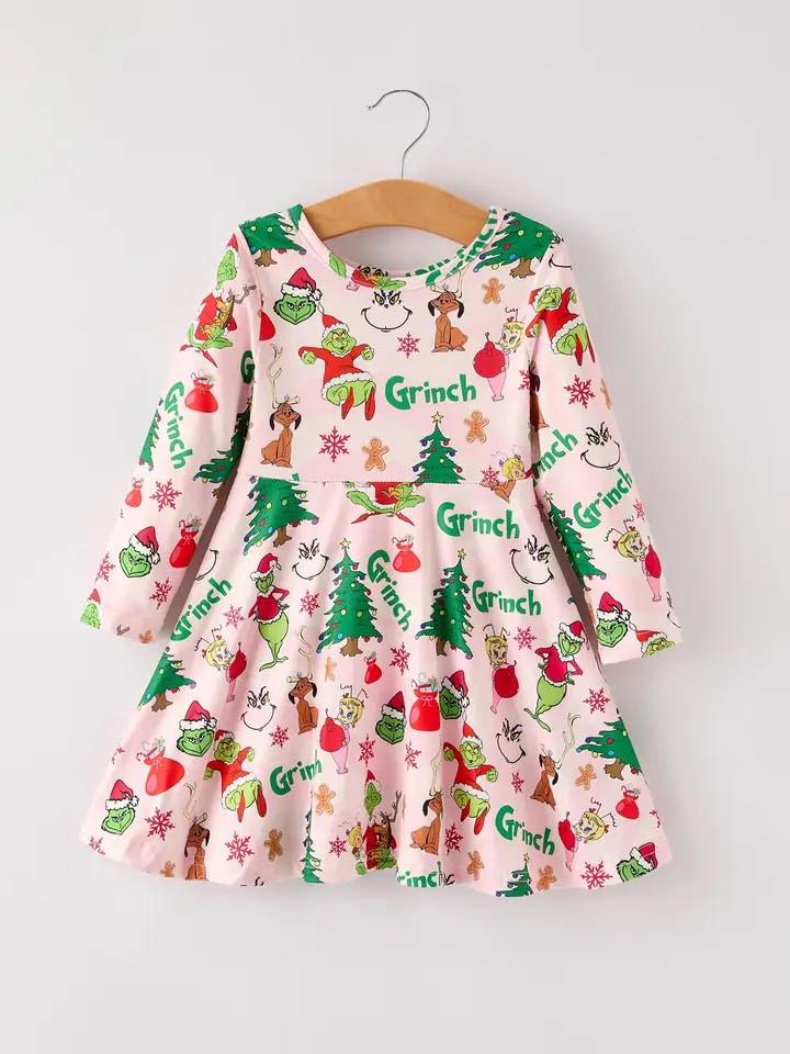 (Custom Design Preorder MOQ 5 ) Green Forg Pink Print Girls Christmas Knee Length Dress