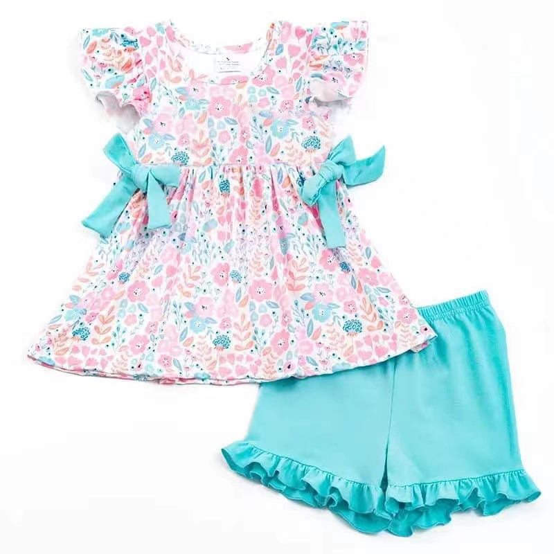 (Custom Design Preorder MOQ 5) Flowers Tunic Top Blue Shorts Girls Spring Clothes Set