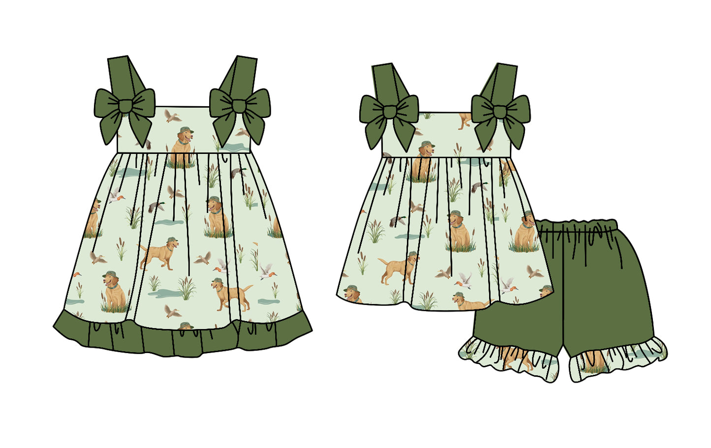 2.24(Custom Design Preorder MOQ 5 Each Design) Duck Dog Green Print Girls Summer Matching Clothes Sisters Wear