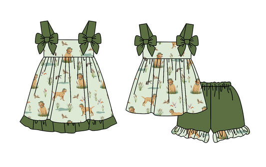 2.24(Custom Design Preorder MOQ 5 Each Design) Duck Dog Green Print Girls Summer Matching Clothes Sisters Wear