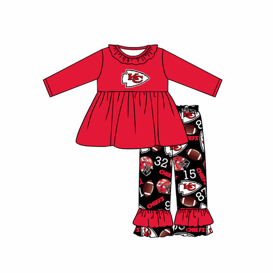 (Custom Design Preorder MOQ 5) Team's KC Red Tunic Top Black Ruffle Pants Girls Fall Clothes Set