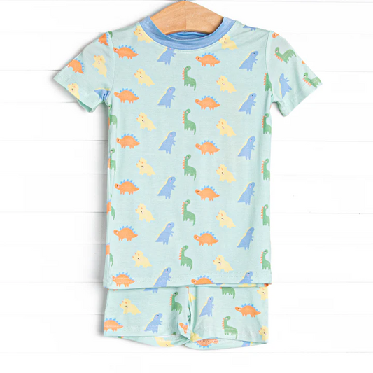 (Custom Design Preorder MOQ 5) Green Dino Print Boys Summer Pajamas Clothes Set