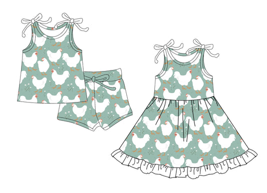 4.14(Custom Design Preorder MOQ 5 Each Design) Chicken Flowers Print Girls Summer Matching Clothes Sisters Wear