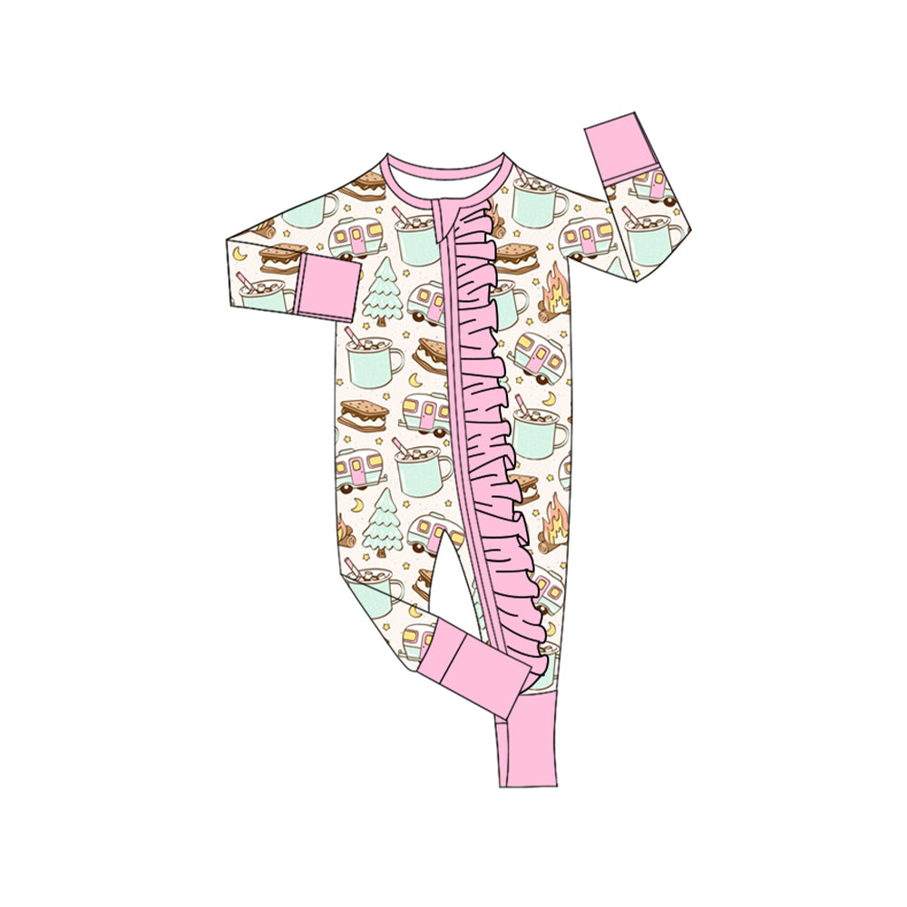 (Custom Design Preorder MOQ 5)  Camping Print Baby Girls Bamboo Sleeper Zipper Romper