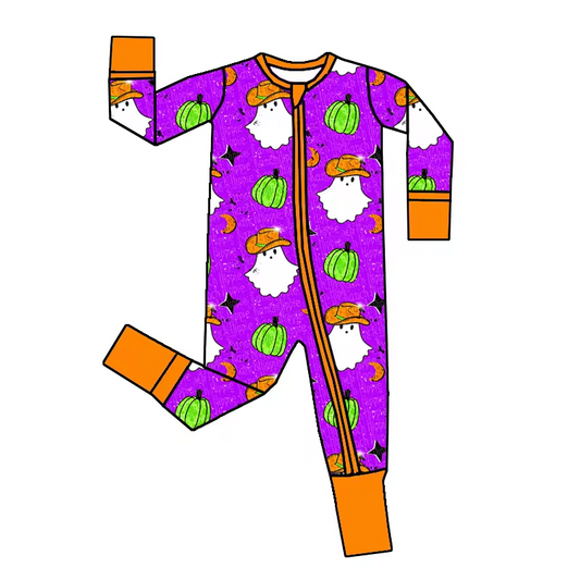 (Custom Design Preorder MOQ 5)  Cowboy Ghost Purple Print Baby Halloween Zipper Sleeper Western Romper