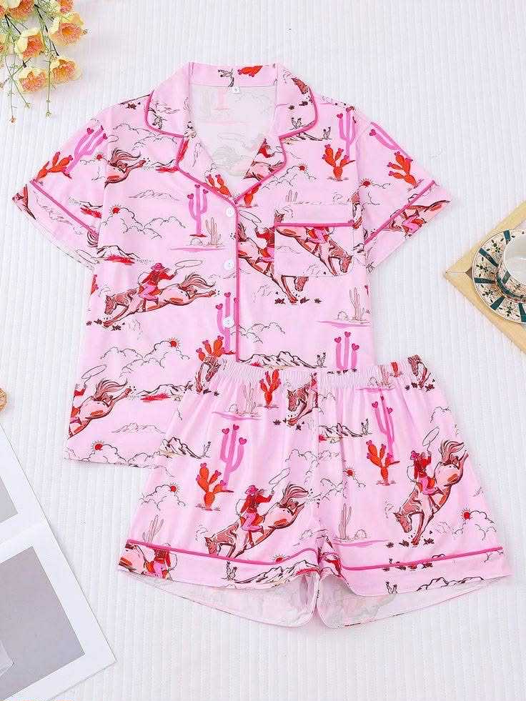 (Custom Design Preorder MOQ 5) Cowgirl Cactus Pink Print Girls Summer Western Pajamas Clothes Set