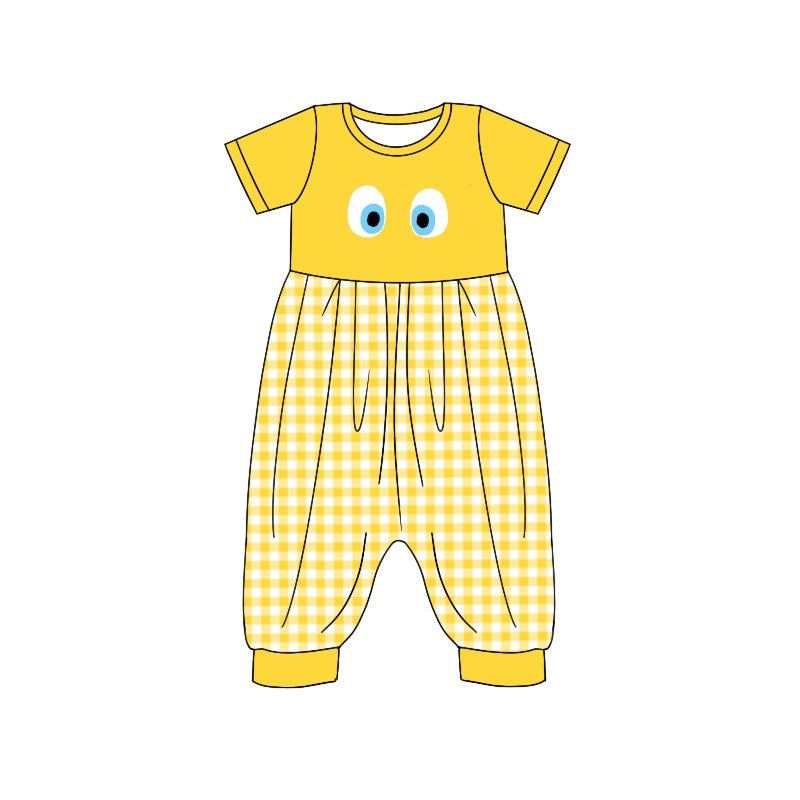 (Custom Design Preorder MOQ 5) Cartoon Figure Inside Out Yellow Plaid Print Girls Jumpsuits Baby Romper