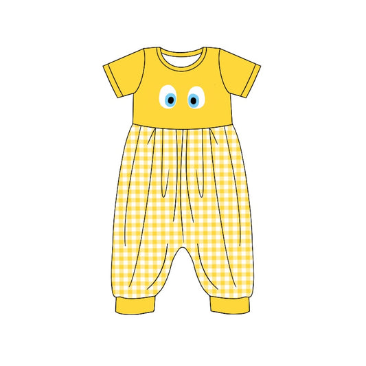 (Custom Design Preorder MOQ 5) Cartoon Figure Inside Out Yellow Plaid Print Girls Jumpsuits Baby Romper