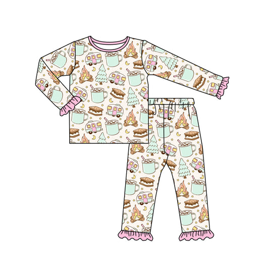 (Custom Design Preorder MOQ 5) Camping Print Girls Bamboo Pajamas Clothes Set