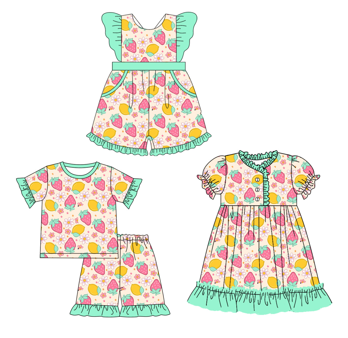 12.10(Custom Design Preorder MOQ 5 Each Design) Strawberry Flowers Print Girls Summer Matching Clothes Sisters Wear