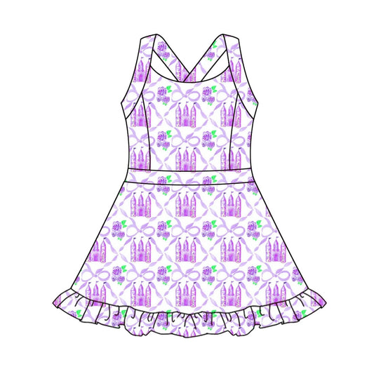 (Custom Design Preorder MOQ 5) Purple Castle Bows Print Girls Summer Yoga Dress