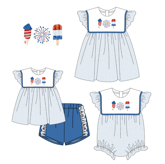 3.6(Custom Design Preorder MOQ 5 Each Design) Fireworks Popsicles Print Girls 4th of July Matching Clothes Sisters Wear