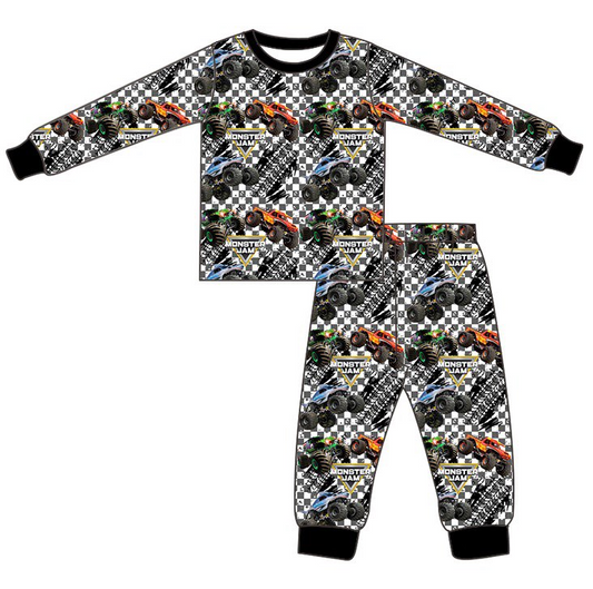 (Custom Design Preorder MOQ 5) Monster Plaid Print Boys Pajamas Clothes Set