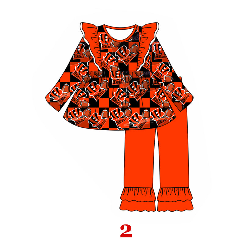 (Custom Design Preorder MOQ 5) Team's Bengals Tunic Top Ruffle Pants Girls Fall Clothes Set