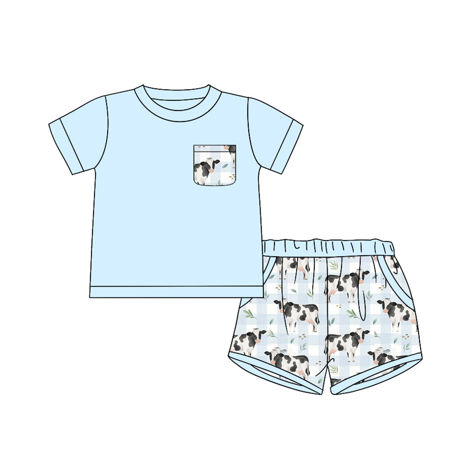 (Custom Design Preorder MOQ 5) Blue Pocket Top Cows Shorts Boys Easter Clothes Set