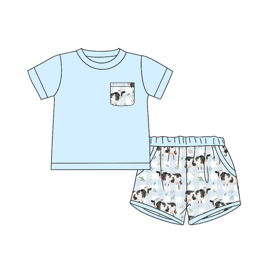 (Custom Design Preorder MOQ 5) Blue Pocket Top Cows Shorts Boys Easter Clothes Set