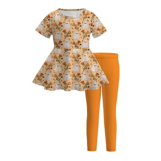 (Custom Design Preorder MOQ 5)  Ghost Flowers Tunic Top Orange Pants Girls Halloween Clothes Set