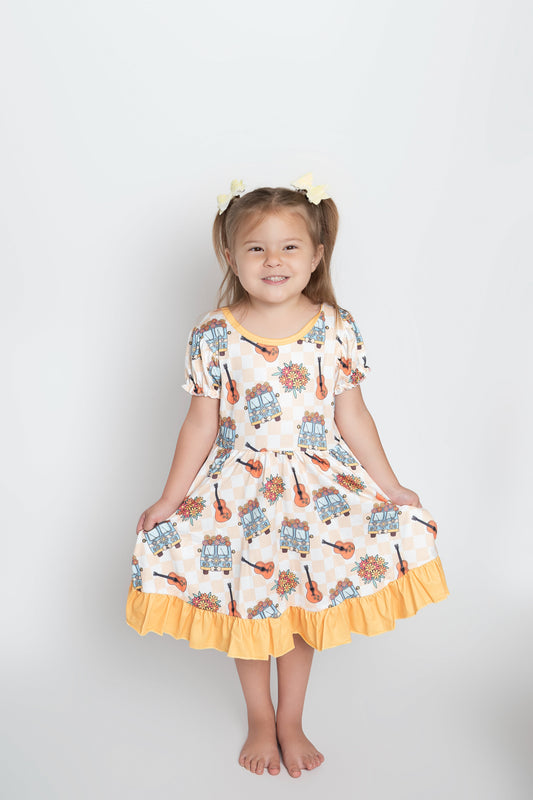 GSD0816 Bus Flowers Guitar Yellow Print Girls Knee Length Dress