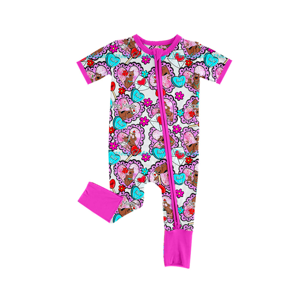 (Custom Design Preorder MOQ 5)  Cartoon Dog Heart Pink Print Baby Girls Valentine's Day Bamboo Sleeper Zipper Romper