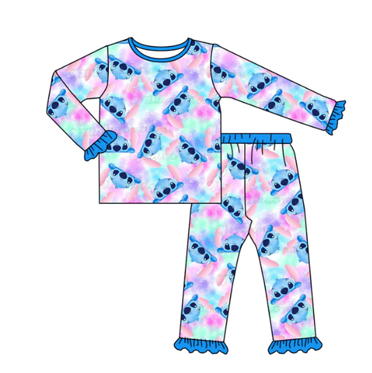(Custom Design Preorder MOQ 5) Blue Cartoon Animal Tie-dye Print Girls Pajamas Clothes Set