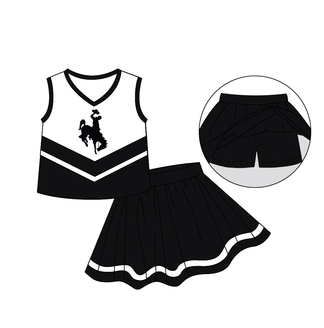 (Custom Design Preorder MOQ 5)  Team's Black Print Skirts With Shorts Girls Summer Clothes Set