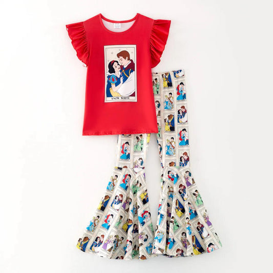 (Custom Design Preorder MOQ 5) Cartoon Princess Red Top Bell Pants Girls Clothes Set