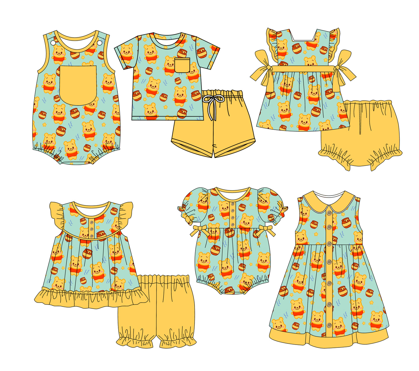 3.3(Custom Design Preorder MOQ 5 Each Design) Cartoon Bear Pooh Print Kids Summer Matching Clothes Sibling Wear