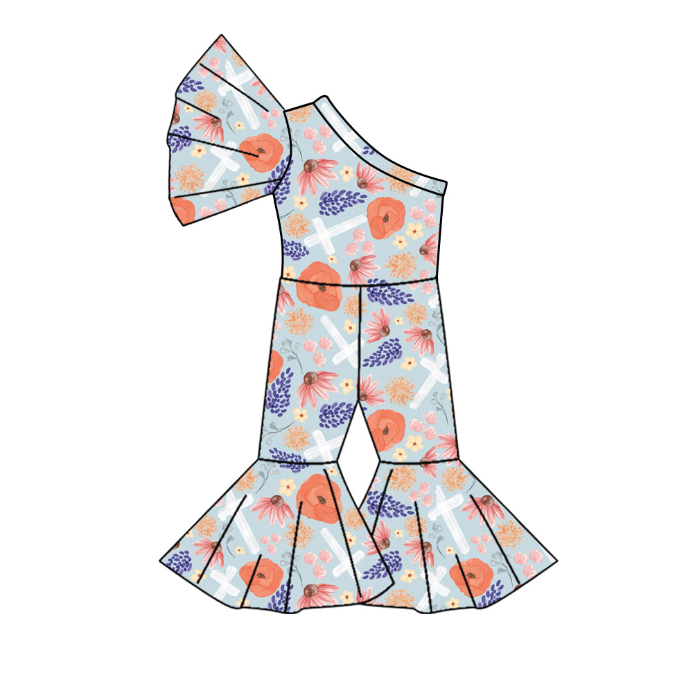 (Custom Design Preorder MOQ 5) Flowers Cross Print Girls Easter One Shoulder Jumpsuits