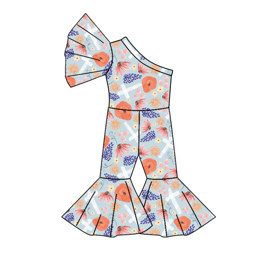 (Custom Design Preorder MOQ 5) Flowers Cross Print Girls Easter One Shoulder Jumpsuits