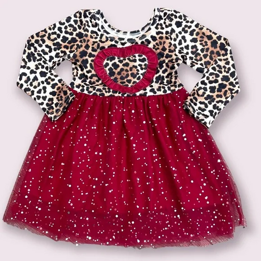 (Custom Design Preorder MOQ 5)  Leopard Heart Wine Tulle Girls Valentine's Dress