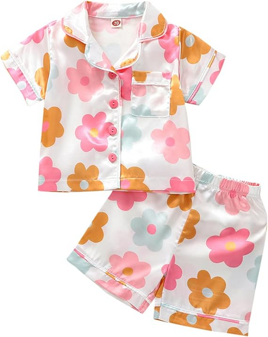 (Custom Design Preorder MOQ 5)  Colorful Flowers Print Girls Summer Pajamas Clothes Set