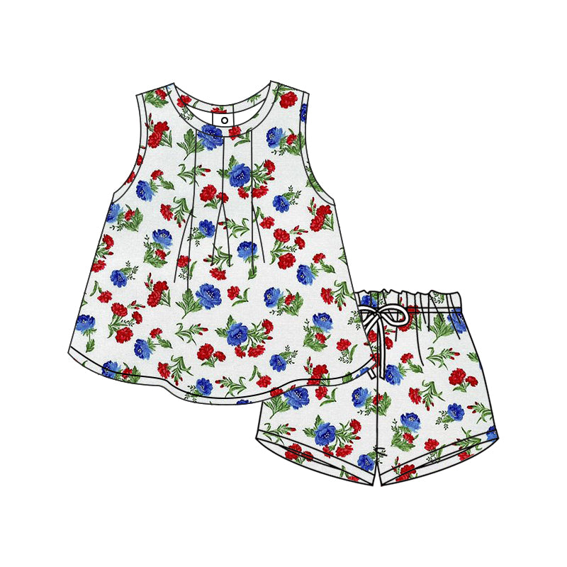 12.9(Custom Design Preorder MOQ 5) Red Blue Flowers Sleeveless Top Shorts Girls Summer Clothes Set