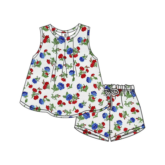 12.9(Custom Design Preorder MOQ 5) Red Blue Flowers Sleeveless Top Shorts Girls Summer Clothes Set