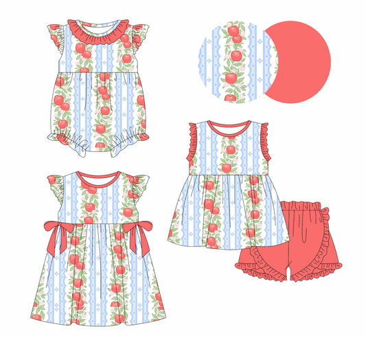 1.18(Custom Design Preorder MOQ 5 Each Design) Apple Flowers Print Girls Summer Matching Clothes Sisters Wear