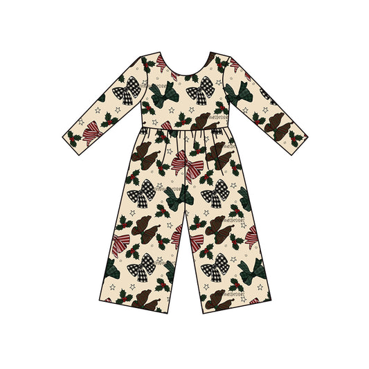 (Custom Design MOQ 5) Bows Holly Print Girls Christmas Jumpsuits