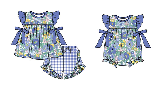 11.4(Custom Design Preorder MOQ 5 Each Design) Blue Flowers Print Girls Summer Matching Clothes Sisters Wear