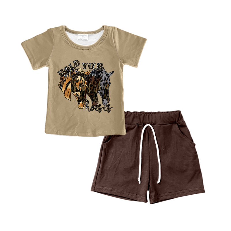 (Custom Design Preorder MOQ 5)  Horse Top Dark Brown Shorts Boys Clothes Set