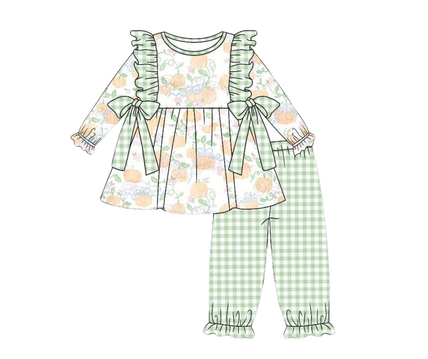 (Custom Design Preorder MOQ 5) Pumpkin Tunic Top Plaid Pants Girls Fall Clothes Set