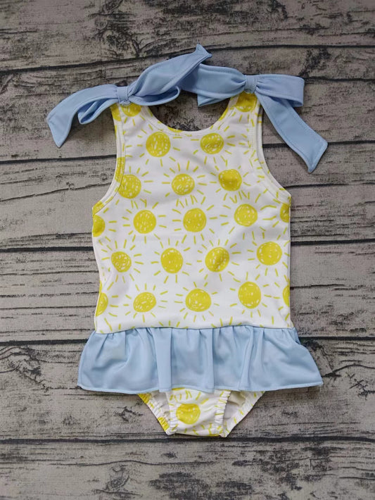 (Custom Design Preorder MOQ 5)  Sunshine Print Ruffle Girls 1 Piece Swimsuits